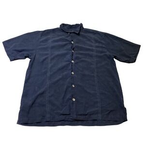 Tommy Bahama Mens Dark Blue Silk Short Sleeve Button Up Shirt Cocktail‎ Print L